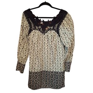 Chelsea & Violet Black Lace & Cream Patterned Blouse Oversized Cotton Boho TUNIC